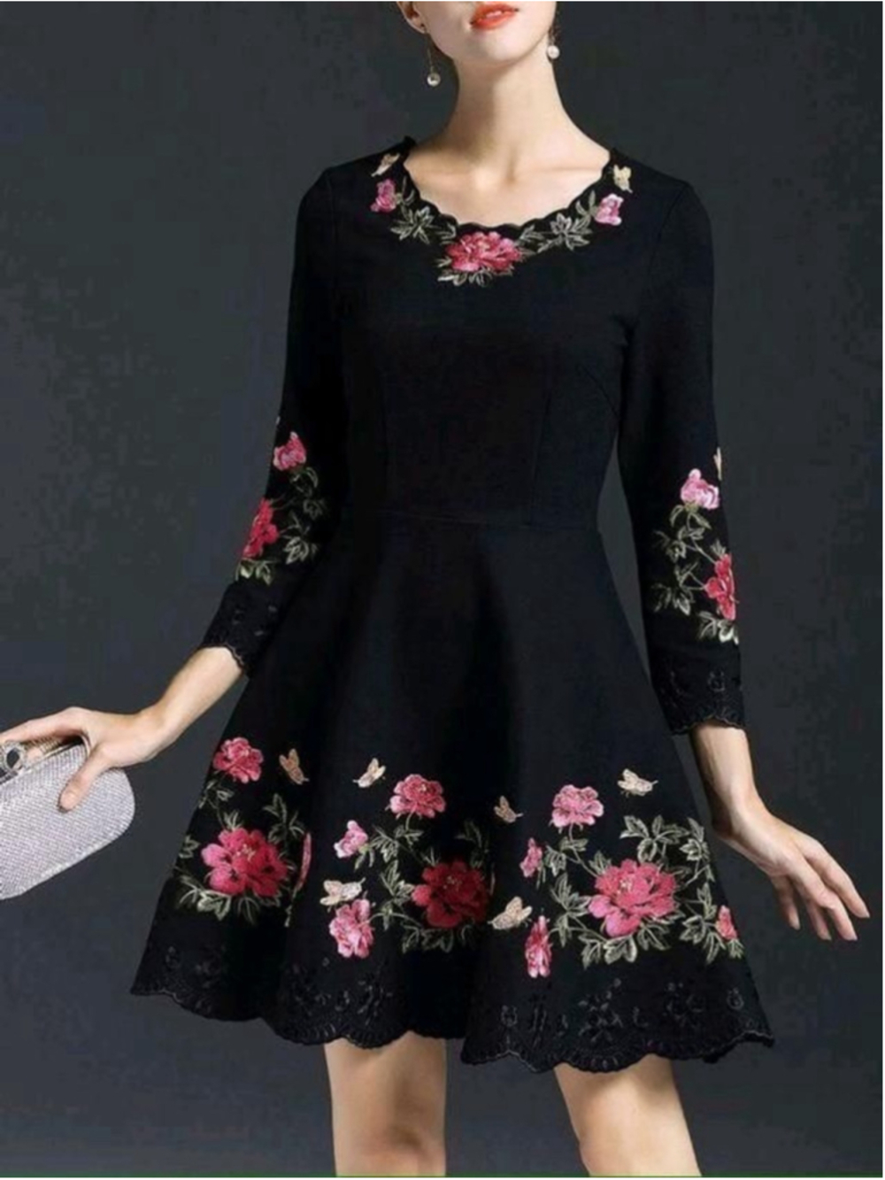 Charter Club Black Knit Dress Embroidered Roses Sz 3XL Elegant Formal